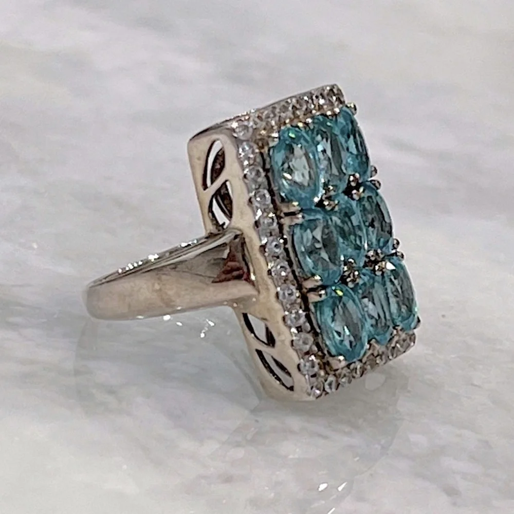 Cambodian Blue Zircon White Zircon Sterling Silver Rectangular Cluster R… - Picture 7 of 14